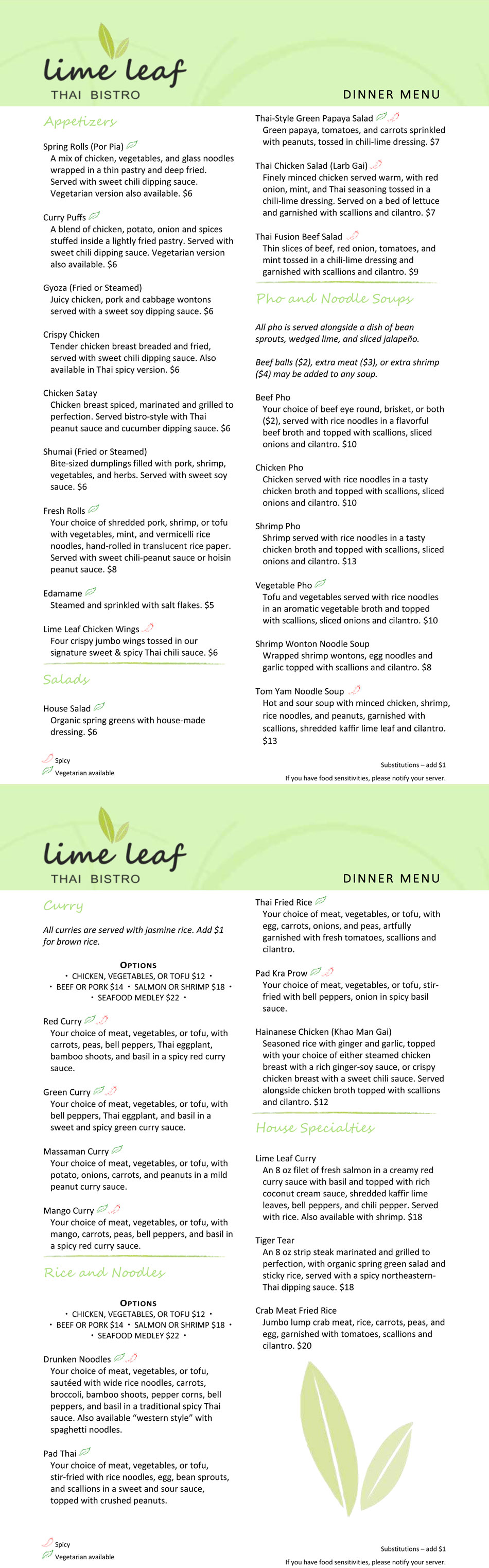 Lime Leaf Thai Bistro Dinner Menu